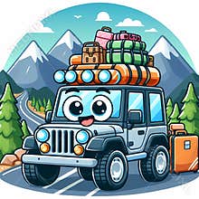 Cute Cartoon Off Road Jeep with Face and Roof Luggage on Mountain Road