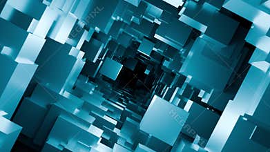 Looped animation of infinite flying through abstract cubic tunnel made of blue glossy 3D blocks