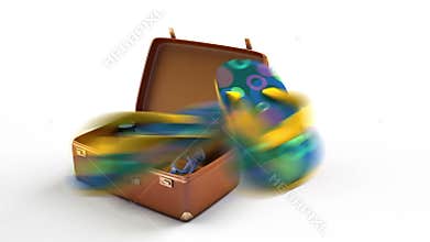 Conceptual travel animation. Photo camera, laptop, shorts, fins, sunglasses fly into a suitcase. The suitcase changes to a car