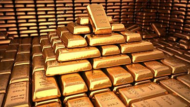 Pyramid of fine gold bars in bank vault or safe. Business, investment and finance illustration.