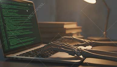 Skeleton hands typing on a laptop keyboard displaying green code, with stacked books and a desk lamp illuminating the workspace in