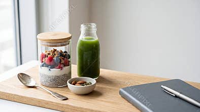 A healthy chia seed pudding with fresh berries sits beside a green vegetable smoothie on a wooden desk near a notebook