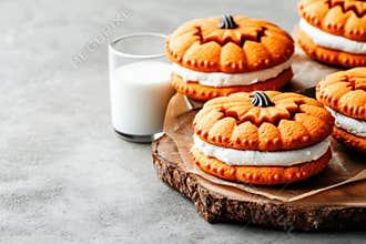 Holiday greeting card with empty copy space for text featuring delicious pumpkin cookies and milk on a board