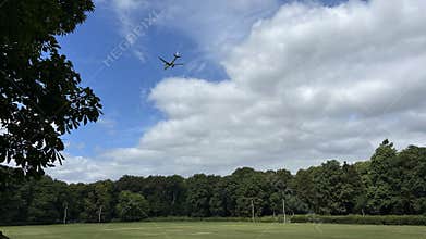 Commercial jet descending over parkland under cloudy blue sky with tree