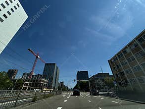 Amsterdam Zuid business district street view with modern office towers