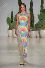 NEW YORK, NY - SEPTEMBER 06: A model walks the runway at the Mara Hoffman Spring-Summer 2015 Collection