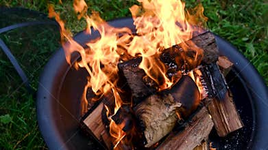 Wood Fire Burning with Bright Flames in Outdoor Metal Fire Pit on Green Grass for Barbecue Cooking and Backyard