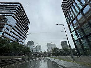 Driving Through Amsterdam Zuidas Business District on a Rainy Day, Netherlands