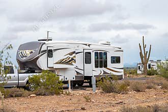 Fifth Wheel Camper at Desert Campsite