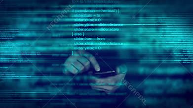 Abstract animated script programming code on mobile smart phone device