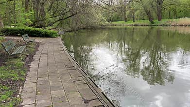 Amsterdan Forest, Empty weathered benches beside curved paved path along