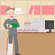 Injured businessman boggle a pile of document on his desk in office