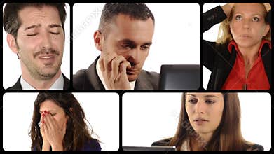 Various portraits of people with worried expressions