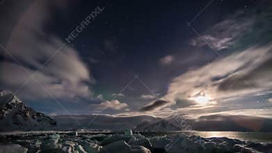 Beautiful Arctic fjord landscape with Northern Lights - Spitsbergen, Svalbard