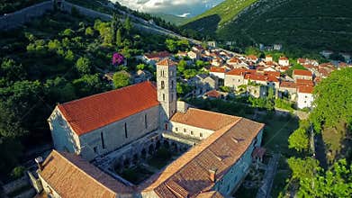 Ston church oncaming shot, aerial