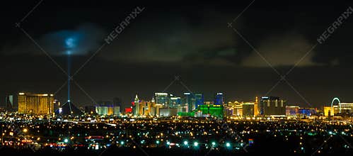 Panoramic Las Vegas Strip cityscape at night.