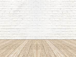 Empty brick room wall and wood plank floor