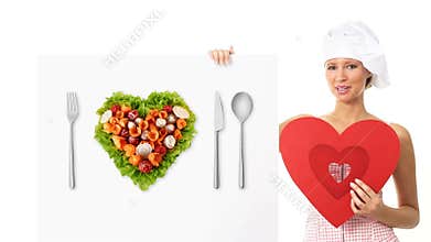 Chef woman showing billboard heart shape diet concept