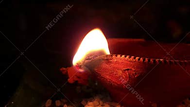 Navratri Diwali Festival Diya with Sacred Flame, Indian Hindu Puja Worship Spiritual Light Background