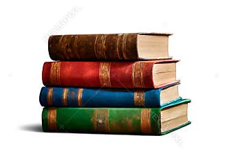 Four vintage colored books stacked and isolated on blank background
