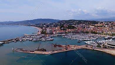 Aerial Cannes, France with La Croisette, Palais, Carlton and marina