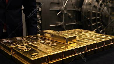 Banker placing bullion inside vault. Man wearing glove handles gold bar in security room.