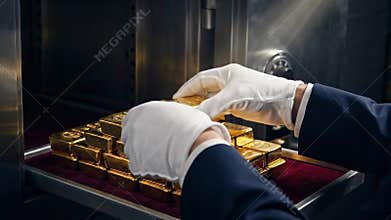 Banker in white glove stacking gold bullion inside a steel vault.