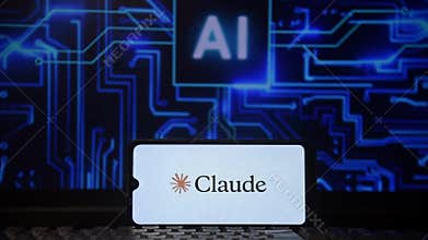 Claude logo on a cell phone screen with an image of artificial intelligence with integrated circuits