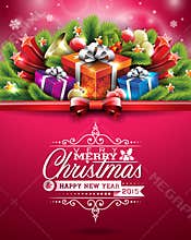 Vector Christmas illustration with typographic design and shiny holiday elements on red background.