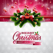Vector Christmas illustration with typographic design and shiny holiday elements on snowflakes background