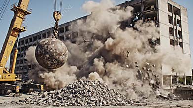Demolition site with a wrecking ball