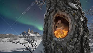 wood mice licking honey comb inside tree hollow at night in winter season