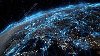 Global digital network connections illuminate earth at night from space showing interconnected cities and communication lines