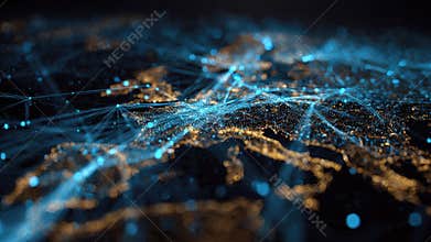 Global network connections glowing with vibrant blue and gold lights illustrating interconnectedness and data flow across