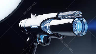 Futuristic Chrome Laser Blaster Gun with Blue Glowing Energy Core and Sleek Sci-Fi Design Concept