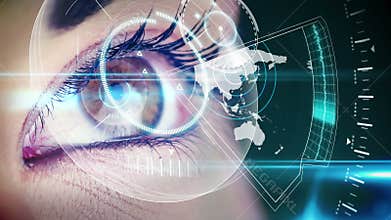 Eyes looking at holographic interface with map
