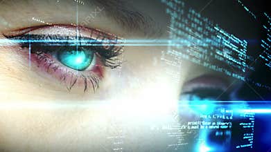 Eyes looking at holographic interface with text
