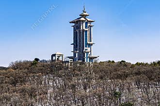Early Spring Snow - View of the Tower at Jingyuetan National Forest Park, Changchun, China