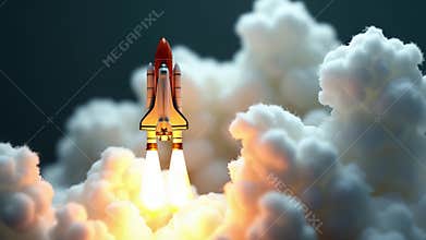 Microscopic shuttle breaking away from ground amid volumetric cotton smoke -