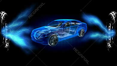Transparent car concept on hologram. 3D rendered