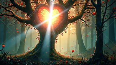 Heart-shaped tree glowing in mystical forest setting. Nature Metaphors on Random