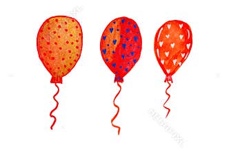 Watercolor Red Balloons with Golden Texture.Festive watercolor balloons with for holiday cards, luxury invitations