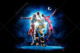 Multi-sport collage depicting various sports and hobbies. Isolated on a black. A joyful collage of several sports. Athletes on a