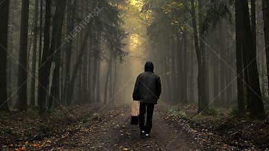 Man in coat with old suitcase in a foggy autumn forest