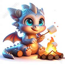 Cute Blue Baby Dragon Roasting Marshmallow by Campfire on White Background
