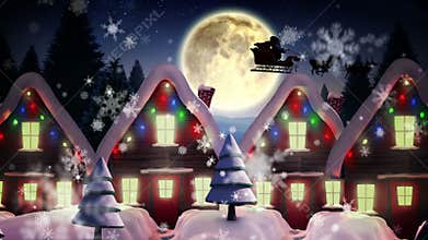 Santa flying over cute snowy village