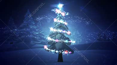 Magic light swirling around snowy christmas tree