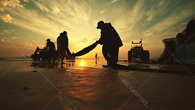 Silhouette of fishermen pulling nets at sunset