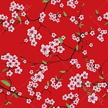 Chinese sakura red kimono seamless vector pattern