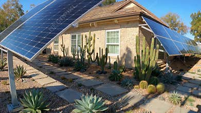 Residential Home Powered by Solar Panels, Featuring Xeriscape Desert Landscaping